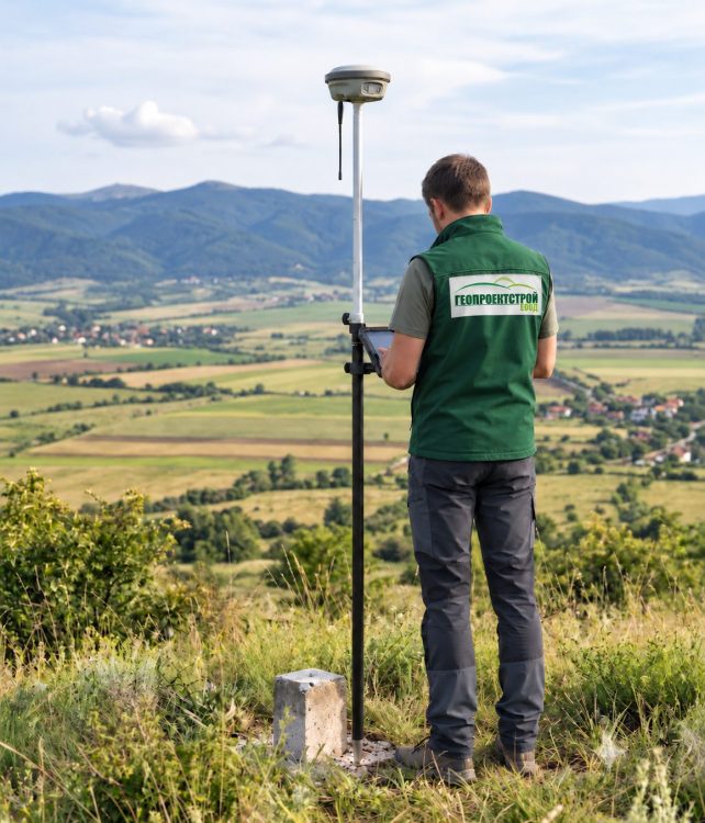 Геодезист на ГЕОПРОЕКТСТРОЙ ЕООД с GNSS приемник при заснемане на терен